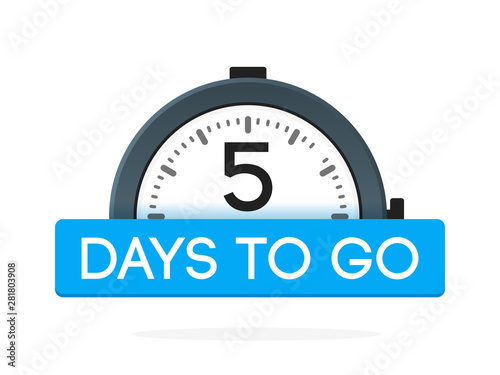 Five day to go label, alarm clock flat with blue ribbon, promotion icon, best deal symbol vector illustretion