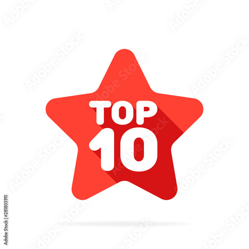 Top ten 10 red and white star badge icon. Vector illustration