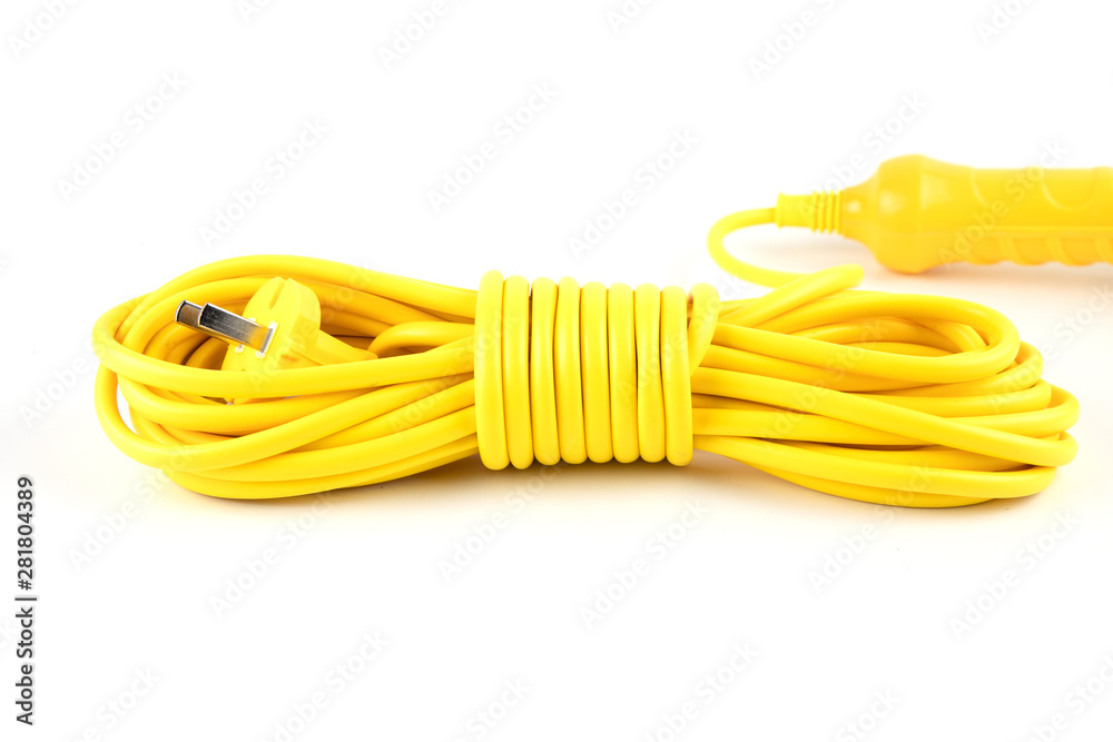 Coil the power cord insulation is a large yellow rubber on white background. Coil the power cord insulation is a large yellow rubber on white background.
