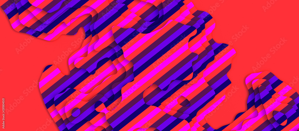 Wide panorama 3D Landscape Paper Cut style. Blank space. Curved shapes with pink blue stripes. Abstract geometric lines pattern background art illustration for cover, design, book, poster, flyer
