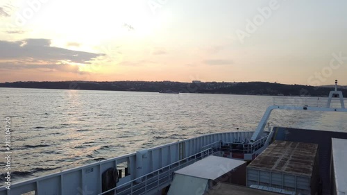 Yalova, Turkey - July 2019: View from upper deck of a ferry carrying cars and trucks, leaving Eskihisar heading to Yalova port on a summer afternoon