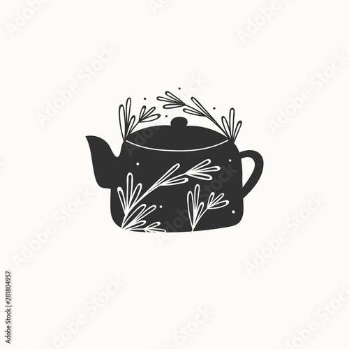 Tea pot and leaves on branches. Simple logo. Minimalistic design. Outline doodle drawing. Hand drawn black trendy vector illustration. Flat design. Vintage style