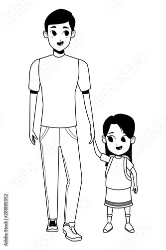 Family single parent with children cartoon in black and white