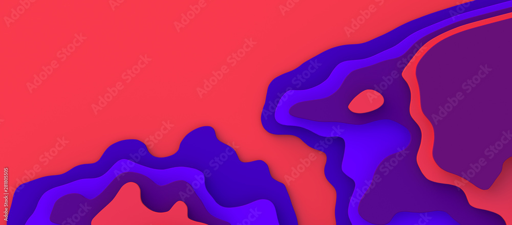 3D Landscape Paper Cut style. Curved shapes with red purple gradients. Blank space. Abstract geometric lines pattern background art illustration for cover, design, book, poster, flyer