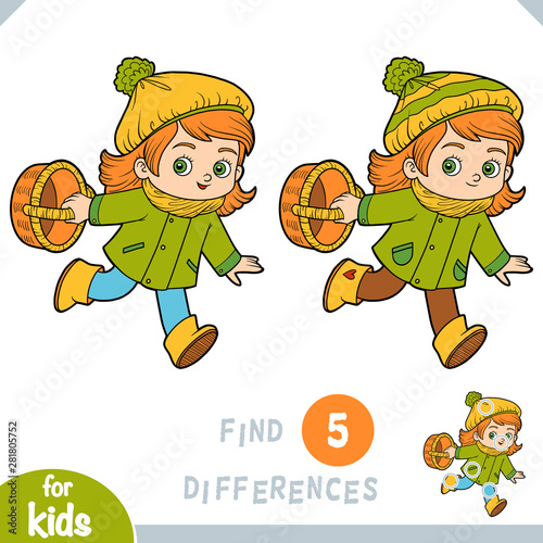Find differences, education game for children, Cartoon little girl with a basket for mushrooms