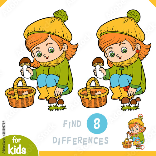 Find differences, education game for children, Cute little girl gathers mushrooms in a basket