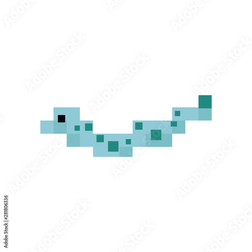 Cute neo mint green 8 bit moray eel vector illustration. Sealife pixel clipart. 