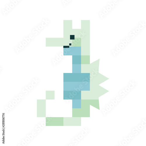 Cute neo mint green 8 bit seahorse vector illustration. Sealife pixel clipart. 