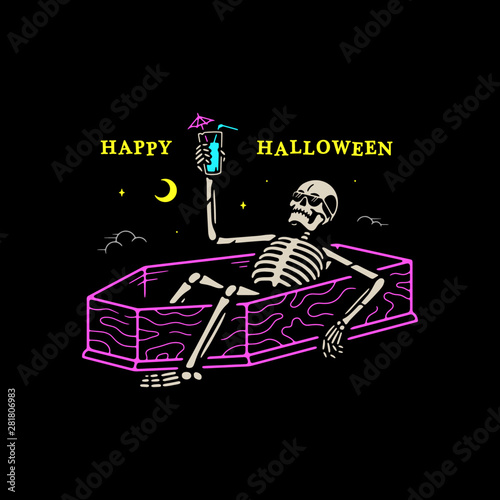 RESTING SKELETON WITH COCKTAIL IN A COFFIN BANNER COLOR BLACK BACKGROUND