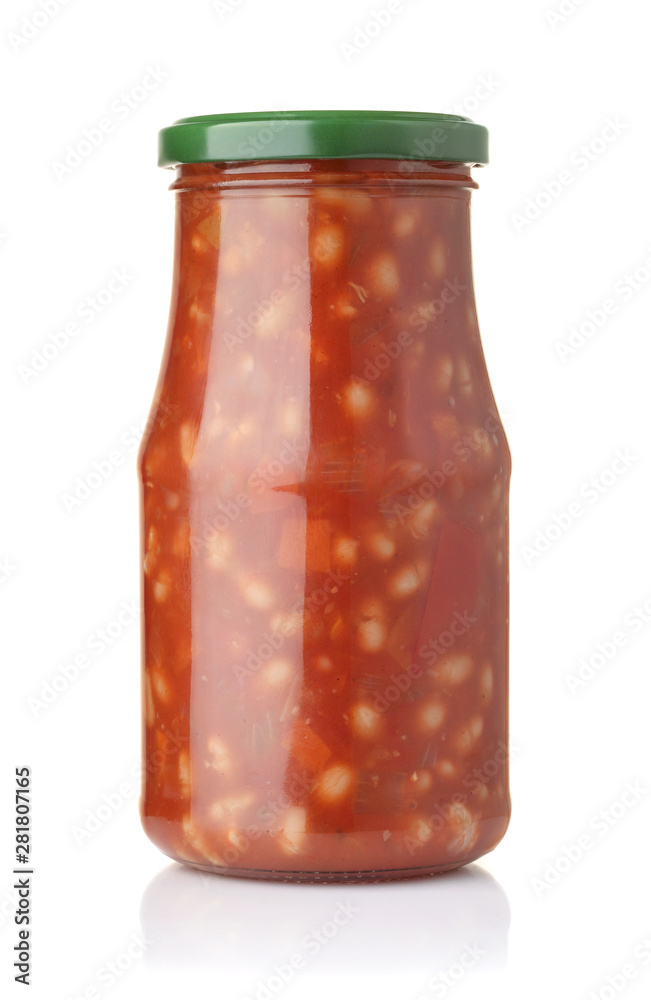 Jar of baked beans with vegetables in tomato sauce Jar of baked beans with vegetables in tomato sauce