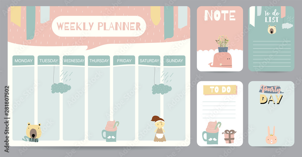 Kid weekly planner with cactus,llama,star,heart.Vector illustration for calendar and schedule.Editable element