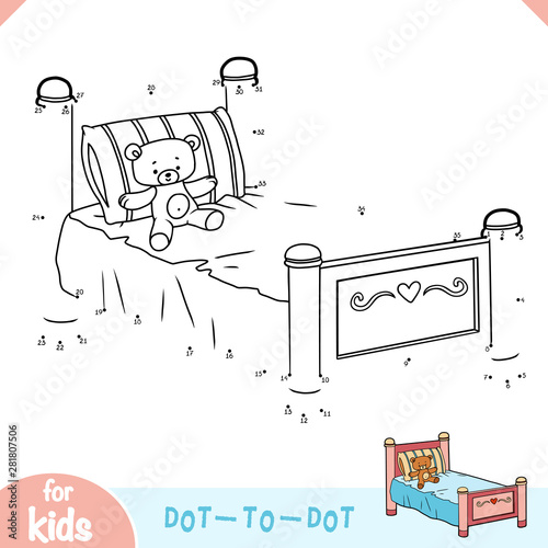 Numbers game, education game for children, Kids bed with a pillow and toy bear