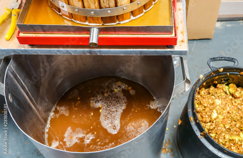 Photos Pressing apple juice with a small apple press, before making cider with it