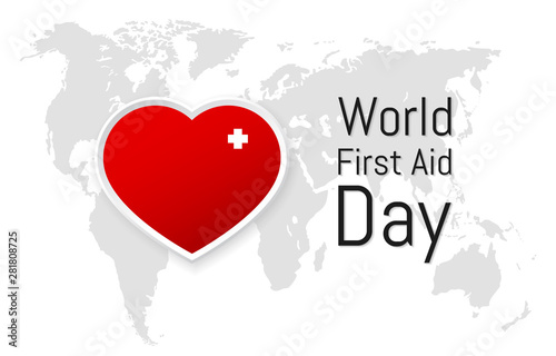 World First Aid Day. Vector illustration with world map on background