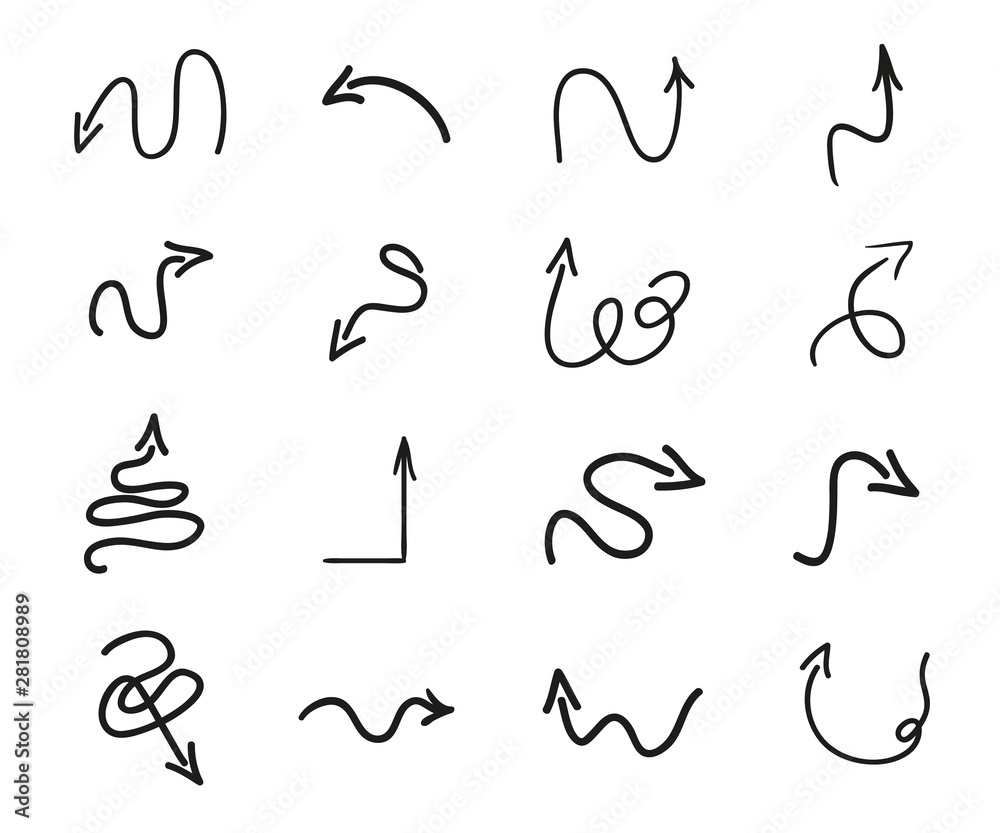 Obraz premium Infographic elements on isolated white background. Hand drawn simple arrows. Line art. Set of different pointers. Abstract arrow. Black and white illustration