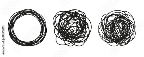 Hand drawn hatching shapes on isolated white background. Wavy tangled doodles. Black and white illustration