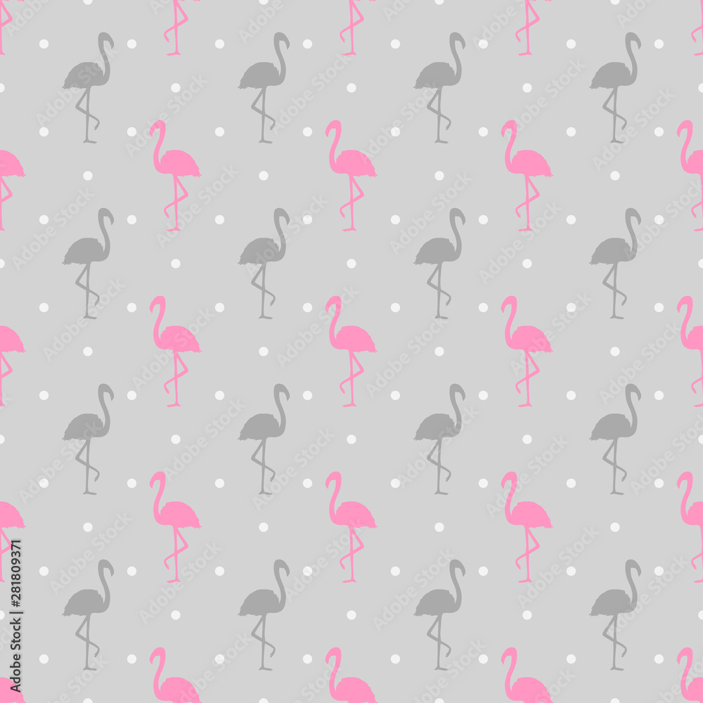 Seamless dotted wallpaper with flamingos. Cartoon birds. Print for polygraphy, shirts and textiles. Abstract texture. Pattern for design. Colorful illustration