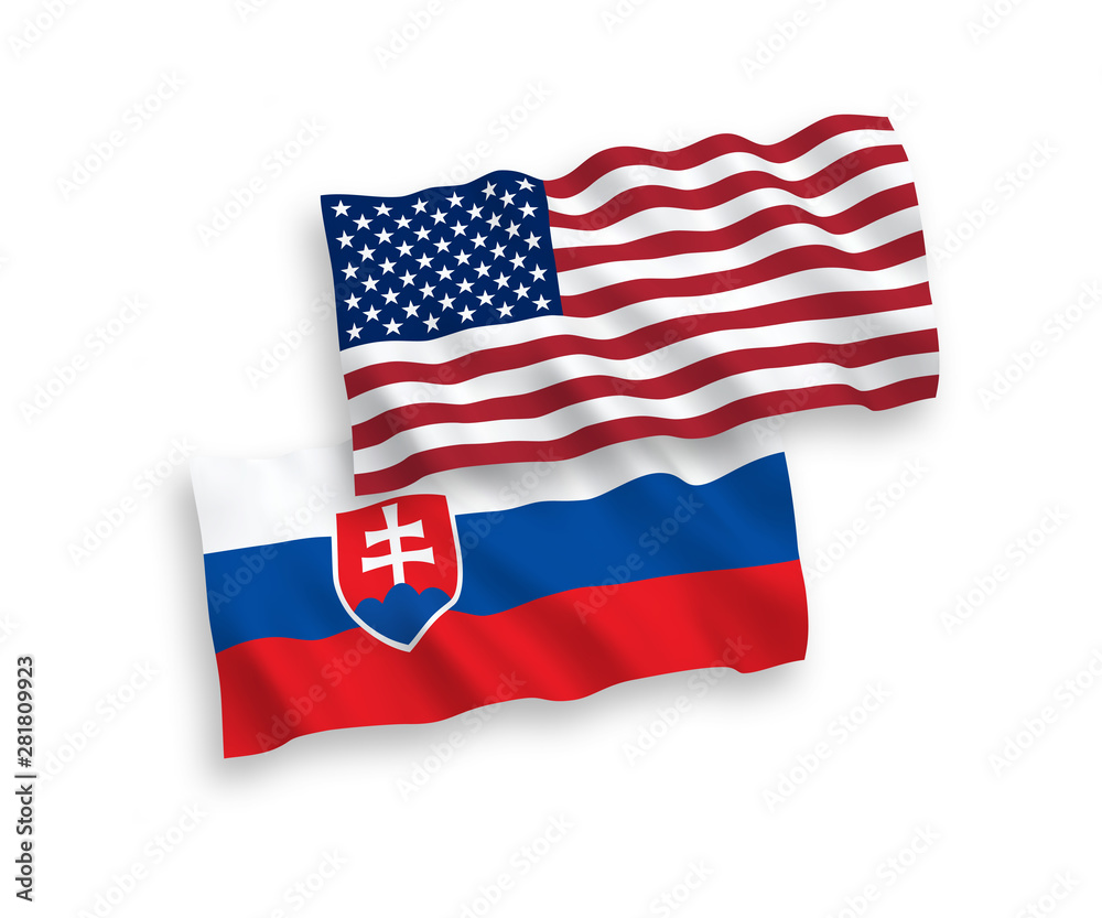 National vector fabric wave flags of Slovakia and USA isolated on white background. 1 to 2 proportion. National vector fabric wave flags of Slovakia and USA isolated on white background. 1 to 2 proportion.