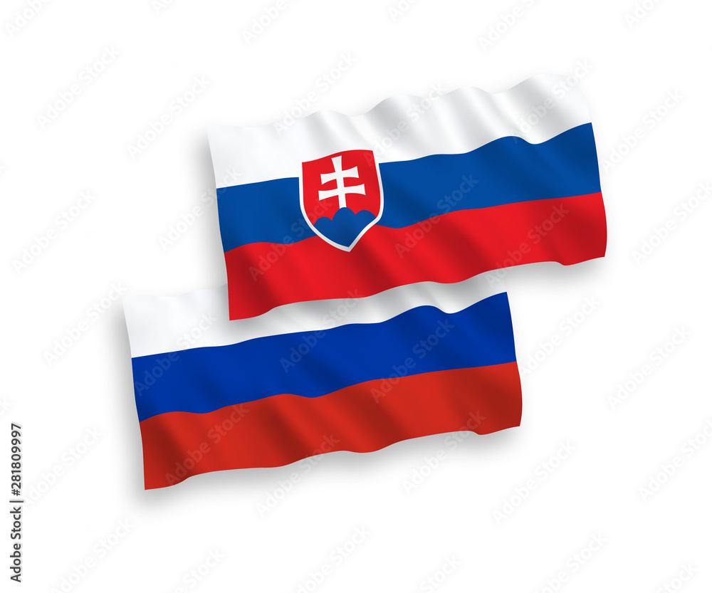 Fototapeta premium National vector fabric wave flags of Slovakia and Russia isolated on white background. 1 to 2 proportion.