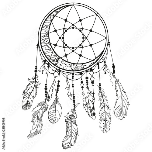 Dreamcatcher on white. Abstract mystic symbol. Design for spiritual relaxation for adults. Line art creation. Black and white illustration for coloring