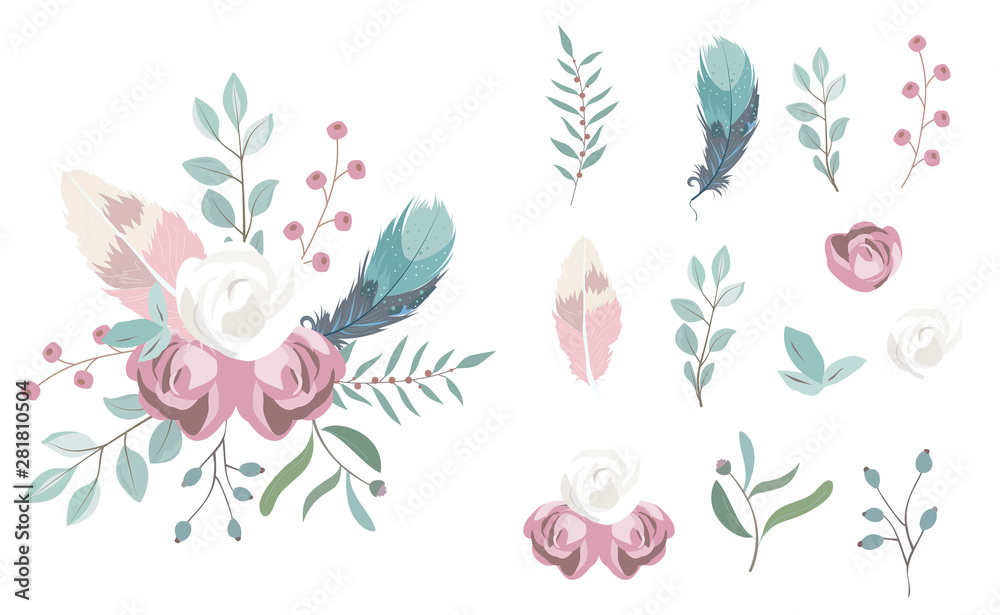 pastel flower set with flower,rose,leaves,wreath.Vector illustration for sticker,postcad,birthday invitation.Editable object