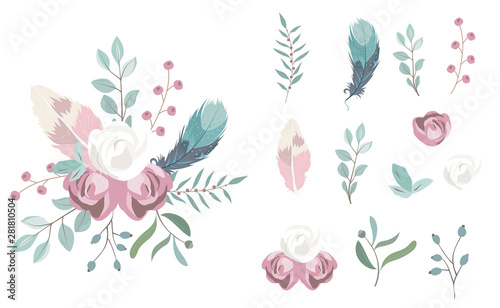 pastel flower set with flower rose leaves wreath.Vector illustration for sticker postcad birthday invitation.Editable object