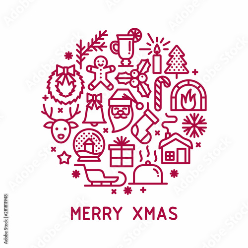 Merry Xmas icons in circle concept. Winter holidays greeting card. Christmas and New Year symbols.