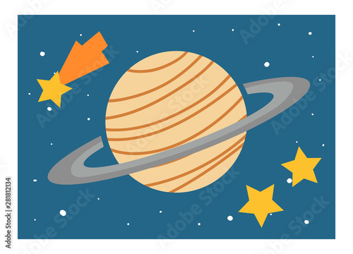 Cartoon illustration for children. Educational poster about space. Planet Saturn and stars