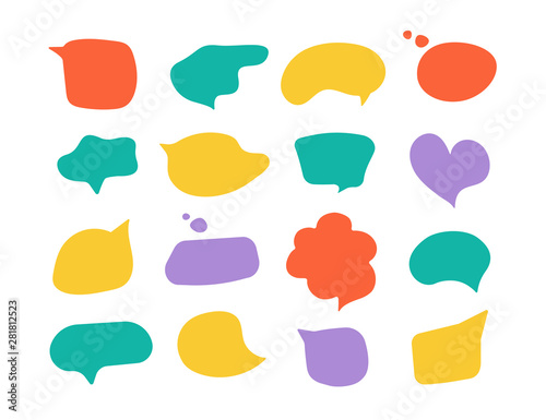Set of color frames for speech bubbles of different forms. Slogan stylized typography. Dialog windows with phrases: hello, thanks, love, yes, no, good day, happy, bye and more