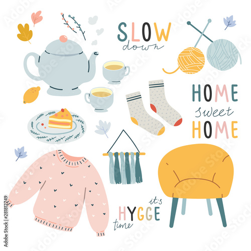 Hygge hand drawn illustrations collection. Idea of scandinavian coziness and comfortable lifestyle. Chair, sweater, socks, tea pot and cake on plate. Home elements isolated on white background.
