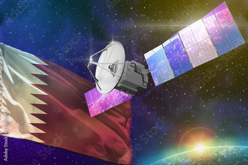 Fototapeta Naklejka Na Ścianę i Meble -  Space communications technology concept - satellite with Qatar flag, 3D Illustration