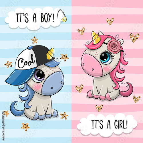 Greeting card with Cute Unicorns boy and girl