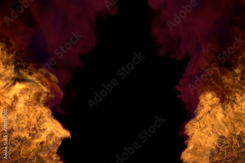 visionary fiery explosion on black, frame with dark smoke - fire from the left and right corners - fire 3D illustration