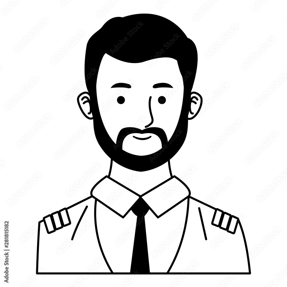 Airliner pilot smiling profile cartoon in black and white