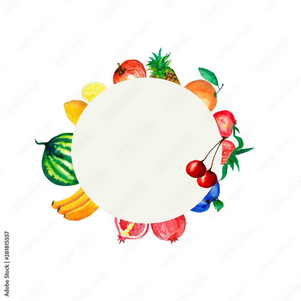 Watercolor frame of ripe delicious fruits isolated on white background. A set of delicious fruits for a beautiful design of invitations, greetings, cards, with space for text. Watercolor frame of ripe delicious fruits isolated on white background. A set of delicious fruits for a beautiful design of invitations, greetings, cards, with space for text.