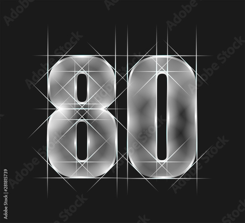 luxury abstract scintillation emerald crystal glass number 80 eighty character. gray tone background.  vector illustration eps10