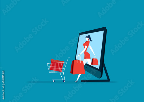 Women coming out of smartphone. lady in store and packages. buyer girl and shopping bag