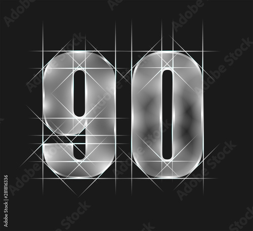 luxury abstract scintillation emerald crystal glass number 90 ninety character. gray tone background.  vector illustration eps10