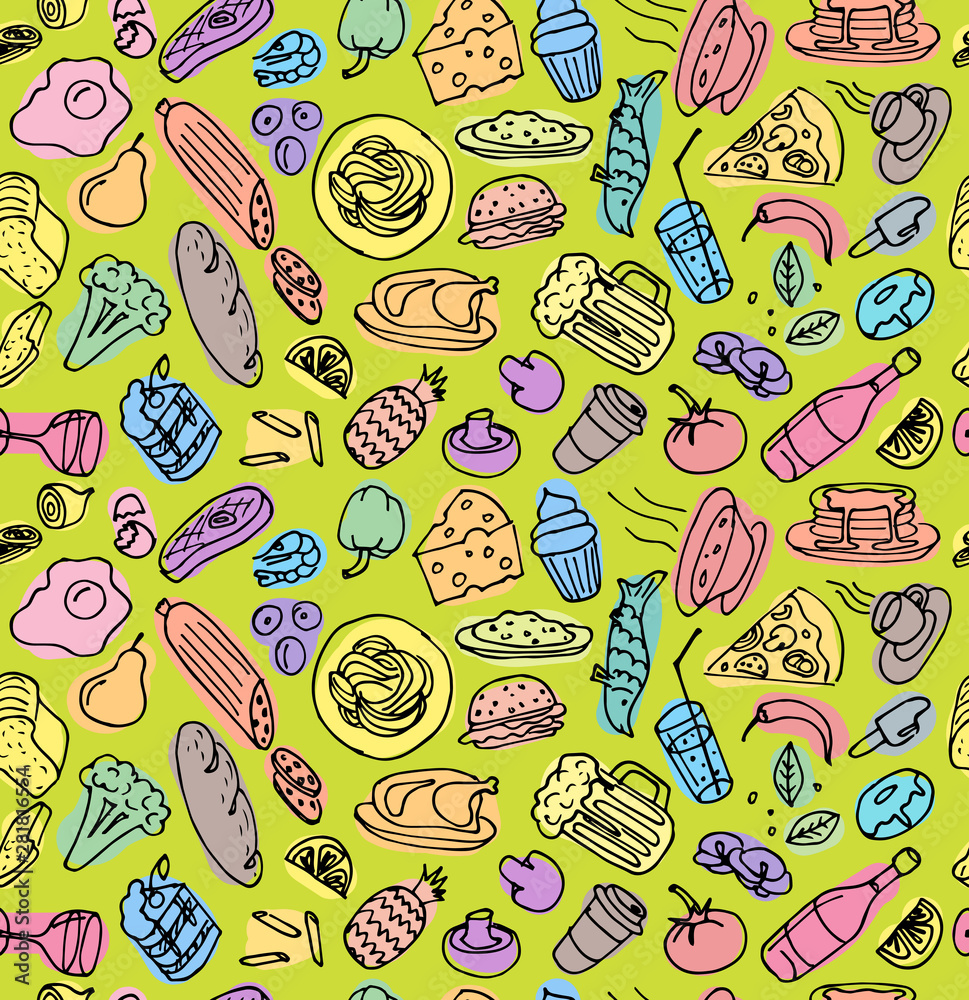 Various hand drawn food cookery dishes doodle outline colorful sketch seamless pattern on green background. Vector drawing cooking cartoon art illustration