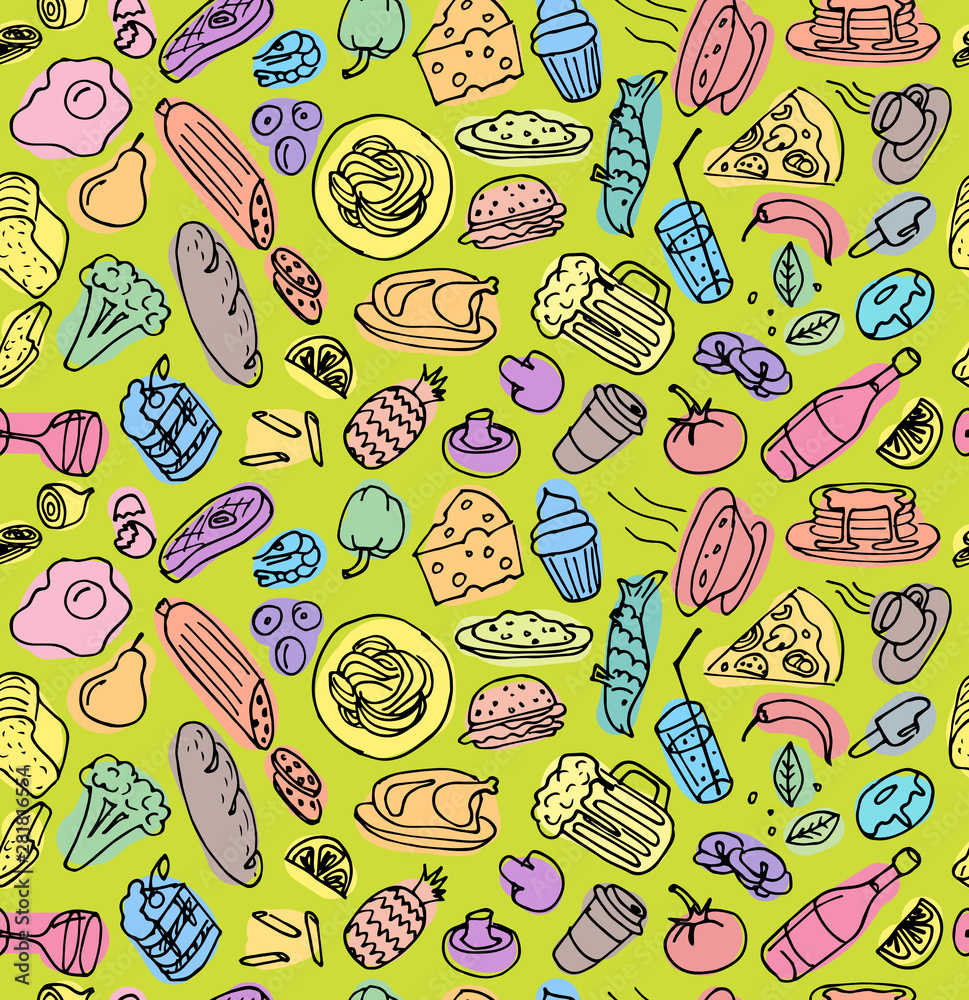 Φωτογραφία Various hand drawn food cookery dishes doodle outline colorful sketch seamless pattern on green background
