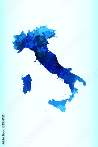 Italy watercolor map vector illustration in blue color on light background using paint brush on paper page