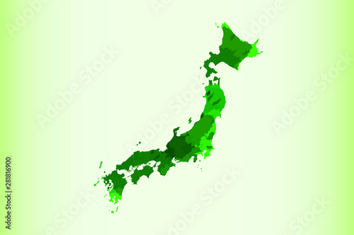 Japan watercolor map vector illustration in green color on light background using paint brush on paper page