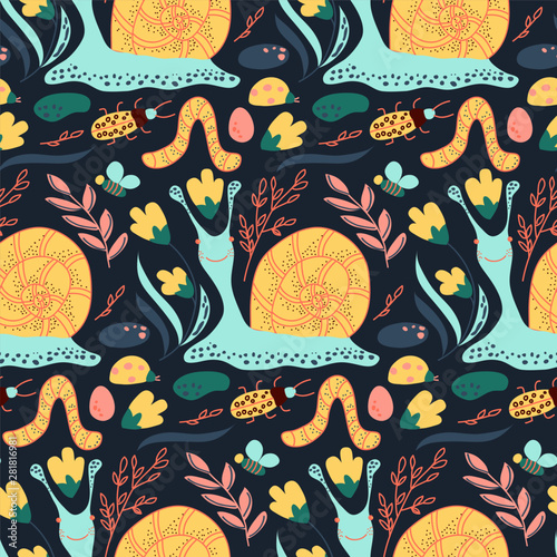 Hand drawn seamless pattern with natural forest animals snail, bees, bugs, plants.