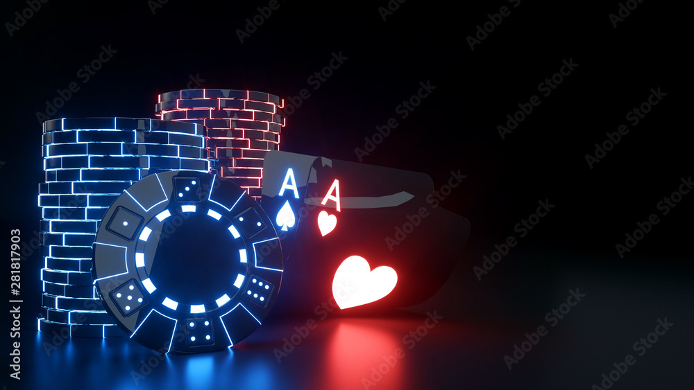 Heart And Spade Aces With Casino Chips And Futuristic Glowing Neon Lights Isolated On The Black Background - 3D Illustration
