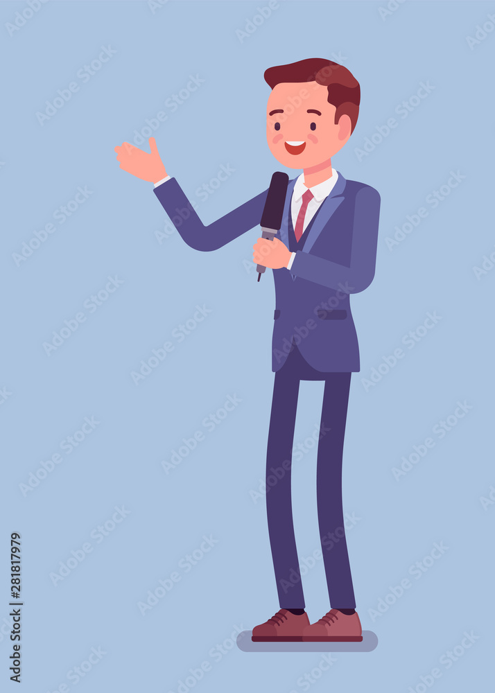 News presenter, male newsreader or newscaster broadcasting. Young man with Tv interview microphone, anchorman standing presenting breaking news and information. Vector flat style cartoon illustration - obrazy, fototapety, plakaty 