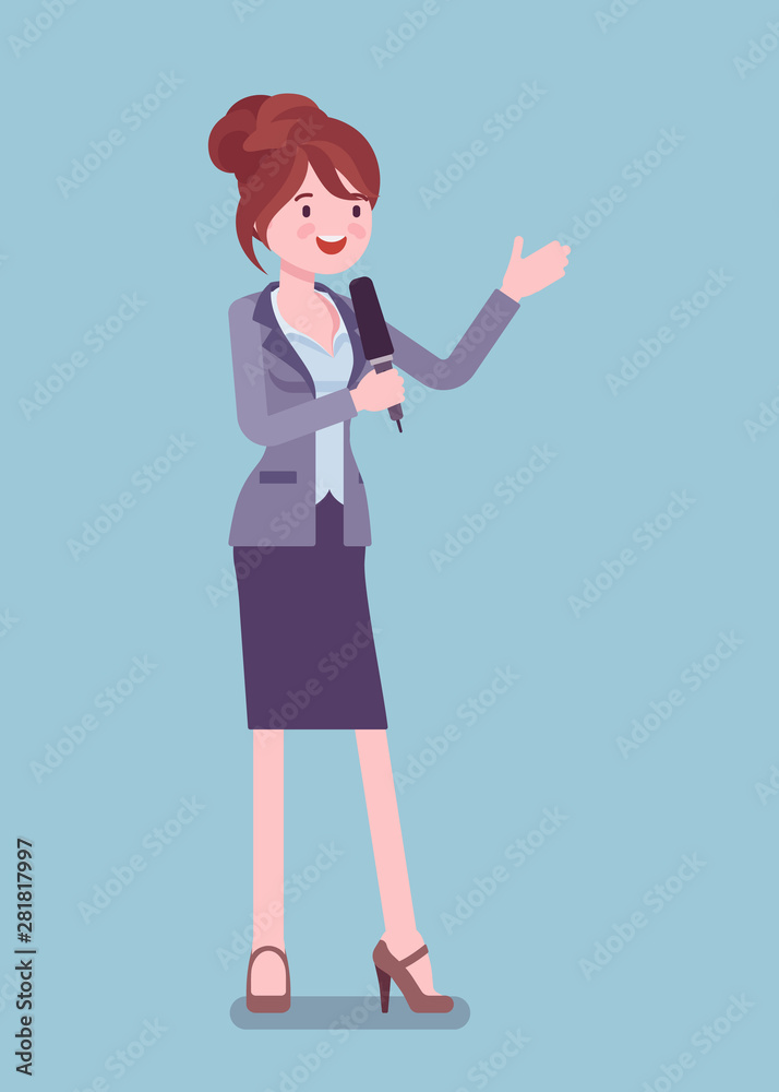 News presenter, female newsreader or newscaster broadcasting. Young woman with Tv interview microphone, anchorman standing presenting breaking news, information. Vector flat style cartoon illustration News presenter, female newsreader or newscaster broadcasting. Young woman with Tv interview microphone, anchorman standing presenting breaking news, information. Vector flat style cartoon illustration