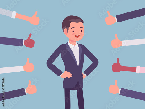 Approbation, commendation and praise, thumbs approving happy man. Hand gestures showing friendly respect and business recognition, well done or agreement symbol. Vector flat style cartoon illustration