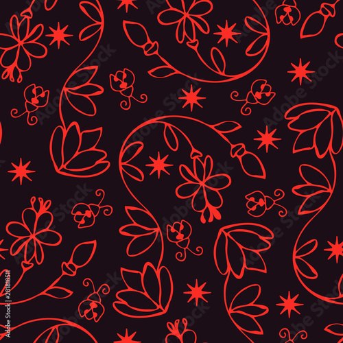 Simple repeat wallpaper design on dark brown. Seamless vector pattern with pink flowers and stars.