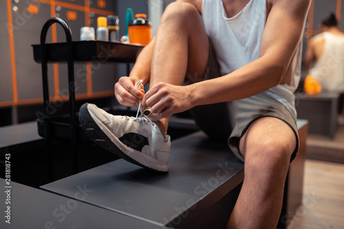 Foto Close up of a male shoe being laced