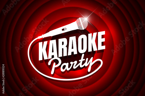 Karaoke party night live show open mike sign on empty theatre cinema ending stage. Microphone against red curtain drape backdrop. Mic vector music nightlife event illustration